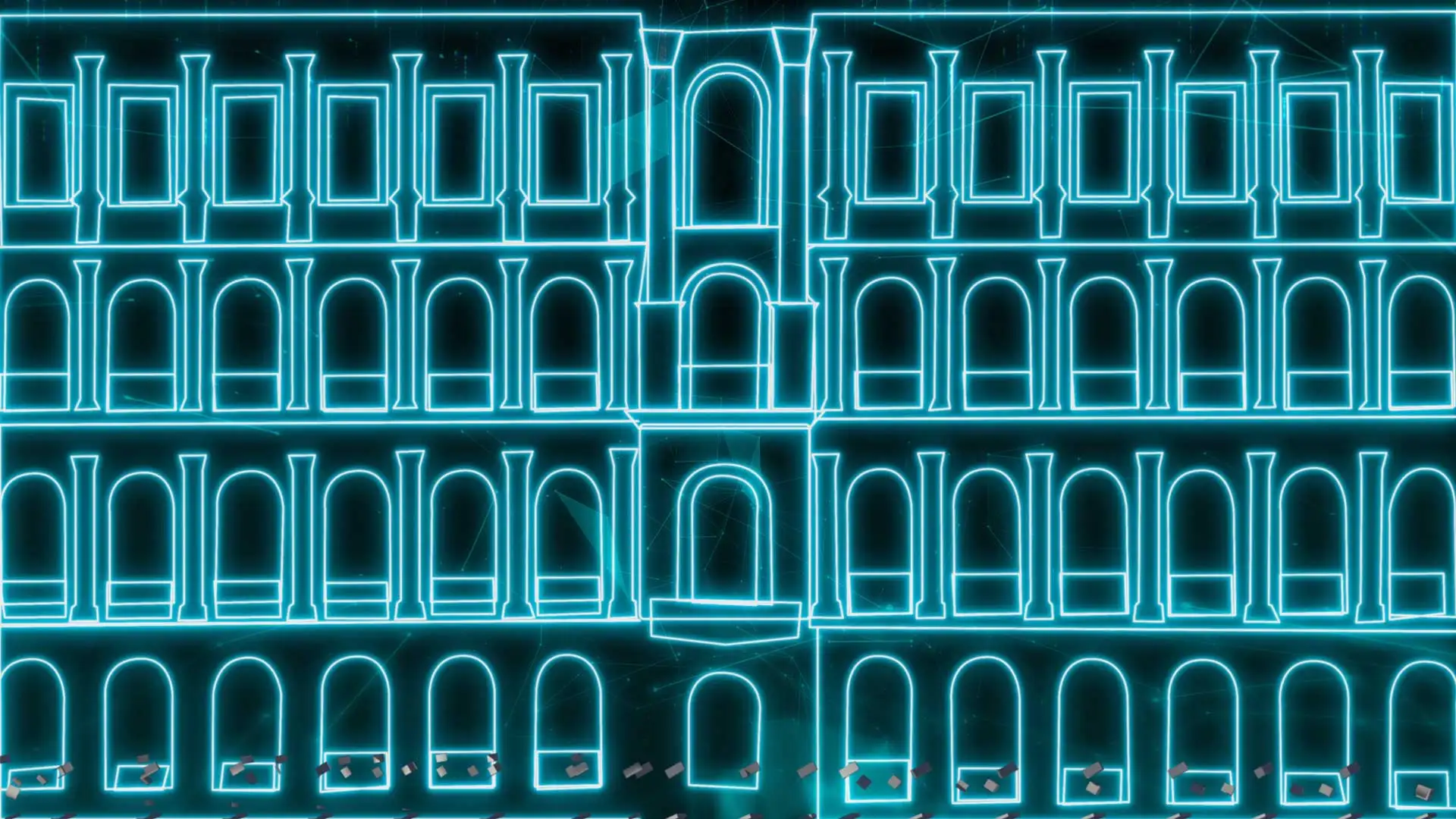 Nighttime projection visuals with neon atmosphere