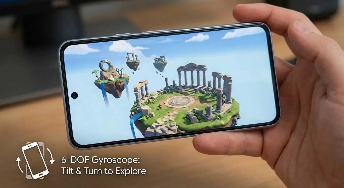 Mobile WebXR interaction showing touch-pan rotation and gyroscope exploration
